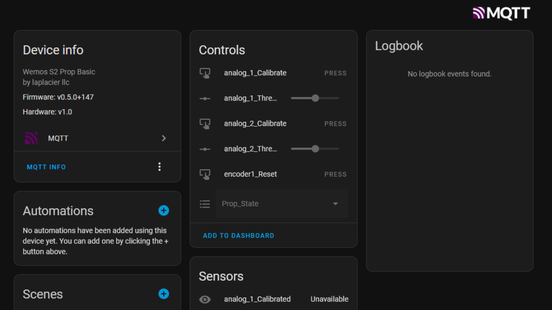 A screenshot of the Homeassistant device page of the Wemos S2 Board HA Discovery