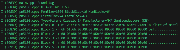 A screenshot from Visual Studio Code displaying a successful read of a Mifare Classic card detected by the PN5180 Data from Mifare Classic